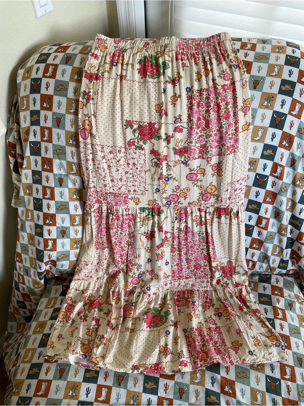 Sincerely Jules Cream Maxi Skirt with Pink Floral Patchwork